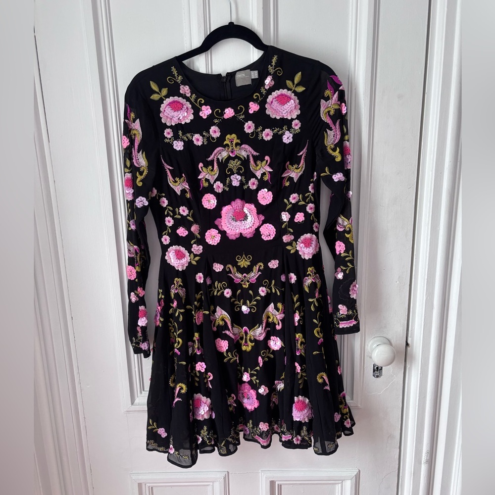 Women’s ASOS Black Long Sleeve Floral Embroidered Sequined Lined Back Zip Dress